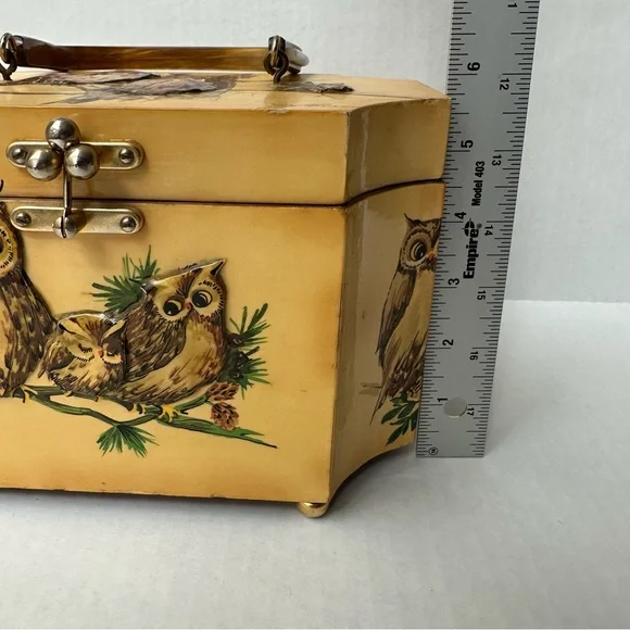 Wood Box 3D Decoupage Purse Octagon Brass Clasp Owls Vintage 60s/70s - Picture 14 of 16